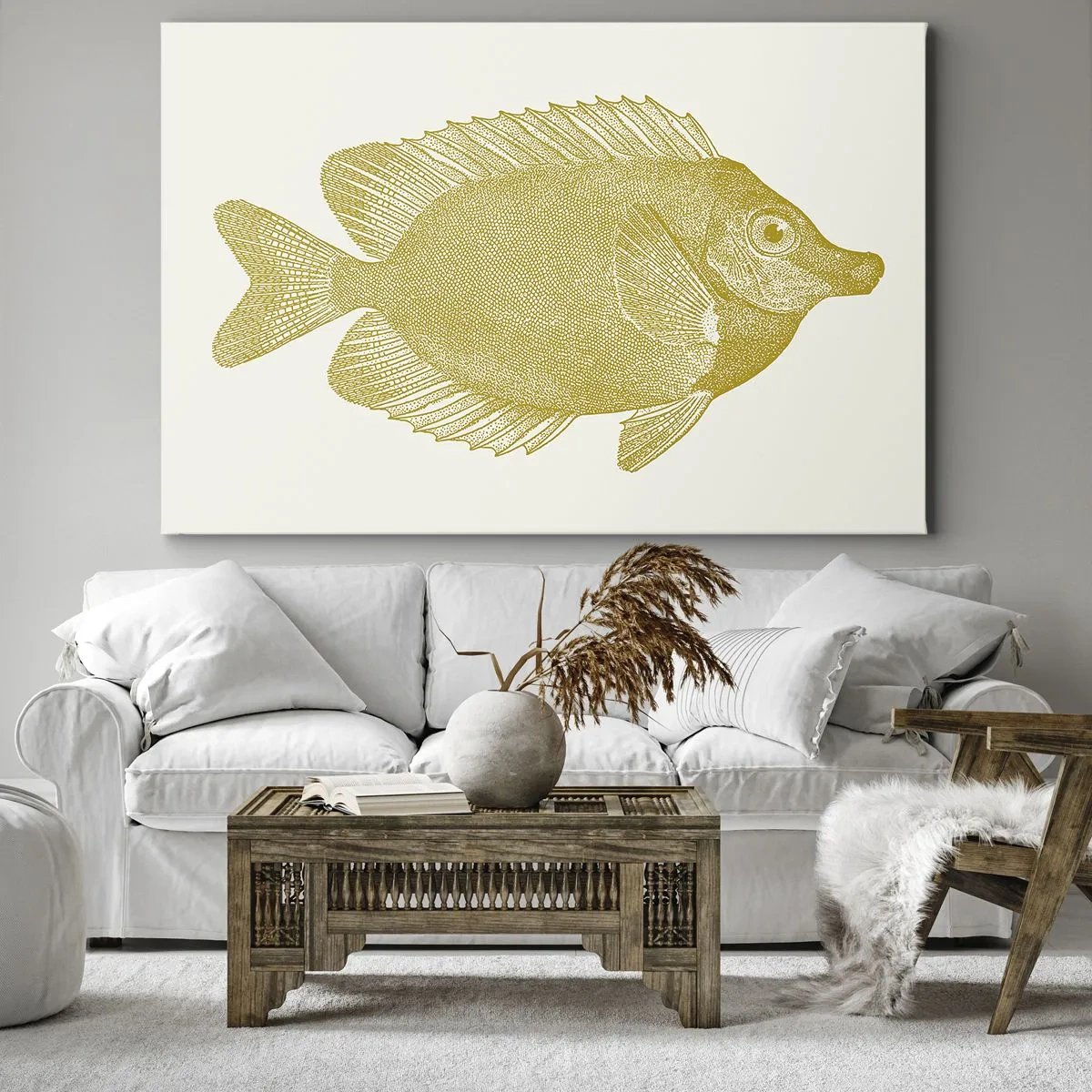 Obraz na plátne - Vintage zlatá rybka na svetlom pozadí - 70x50cm - Proste ryba - Moderná nástenná dekorácia do obývacej izby a spálne ARTTOR