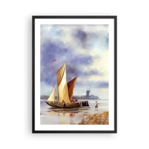 Plagát v čiernom ráme - Plachetnica na brehu s veterným mlynom v pozadí - 50x70cm - Návrat námorníkov - Moderná nástenná dekorácia do obývacej izby a spálne ARTTOR