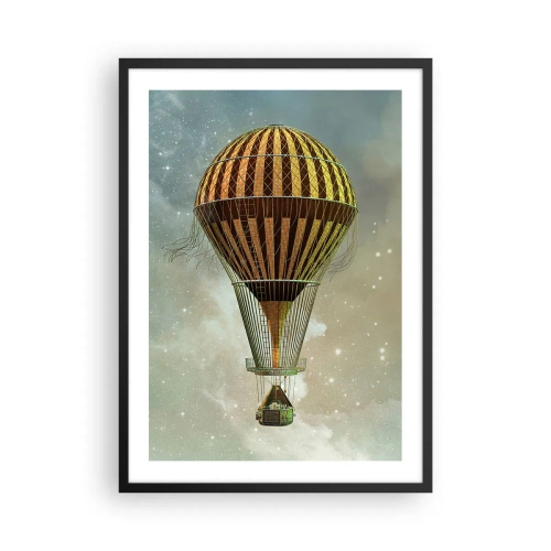 Plagát v čiernom ráme - Zlatý balón plávajúci vo vesmíre - 50x70cm - Priekopnícke lety - Moderná nástenná dekorácia do obývacej izby a spálne ARTTOR