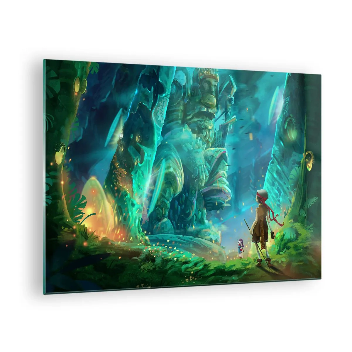Obraz na skle - Fantasy krajina s postavou a starobylou sochou v lese - 70x50cm - Z veľkej Knihy rozprávok - Moderná nástenná dekorácia do obývacej izby a spálne ARTTOR