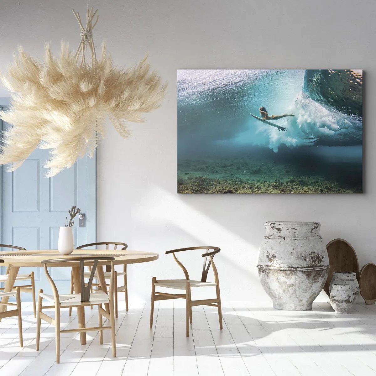 Obraz na plátne - Surfer pod vlnou v modrej oceánskej vode - 70x50cm - Podmorský svet - Moderná nástenná dekorácia do obývacej izby a spálne ARTTOR