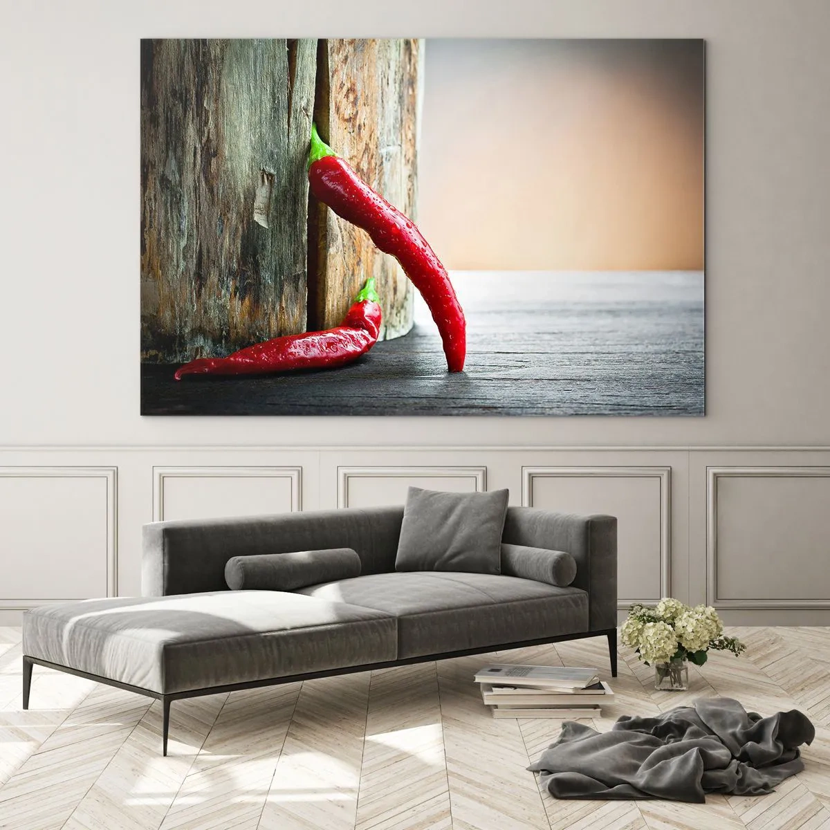 Obraz na skle - Červené chilli papričky na drevenom pozadí - 70x50cm - Red hot chili peppers - Moderná nástenná dekorácia do obývacej izby a spálne ARTTOR