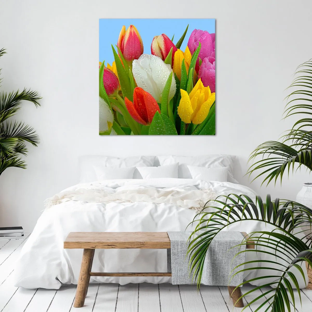 Obraz na plátne - Kvetinová dúha v kvapkách rosy - 40x40 cm