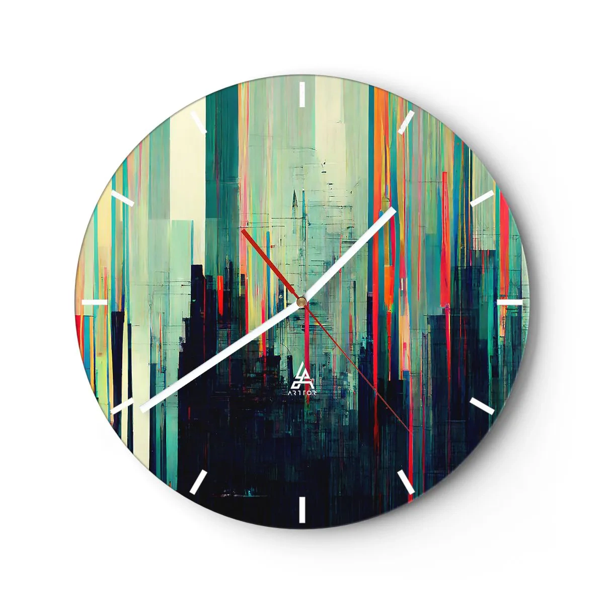 Nástenné hodiny - Farebná abstrakcia so zvislými čiarami pripomínajúca mesto - 30x30cm - Futuristické mesto - Moderná nástenná dekorácia do obývacej izby, kuchyne a spálne ARTTOR
