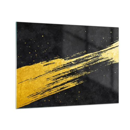 Obraz na skle - Zlatý štetec na čiernom pozadí v dynamickej, abstraktnej forme - 70x50cm - Skok do hyperpriestoru - Moderná nástenná dekorácia do obývacej izby a spálne ARTTOR