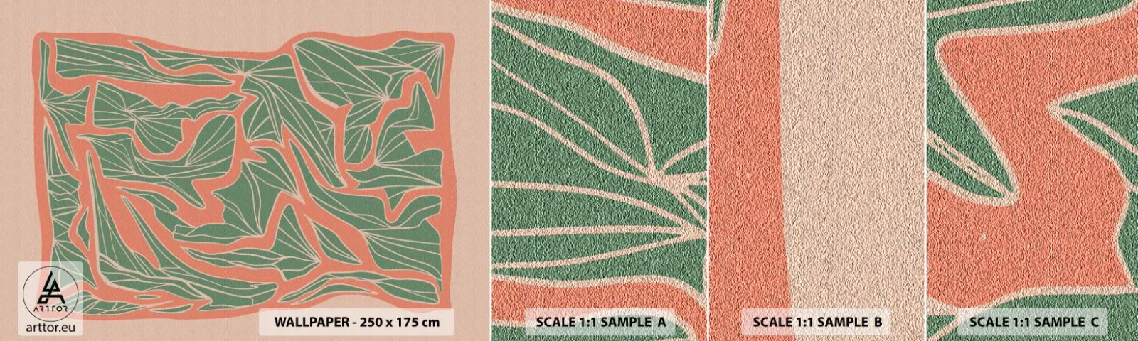 Vzorka samolepiacej fototapety Deluxe Sticker - Súboj koralov a zelene - Boho, Pastel, Kus - 100x30 cm