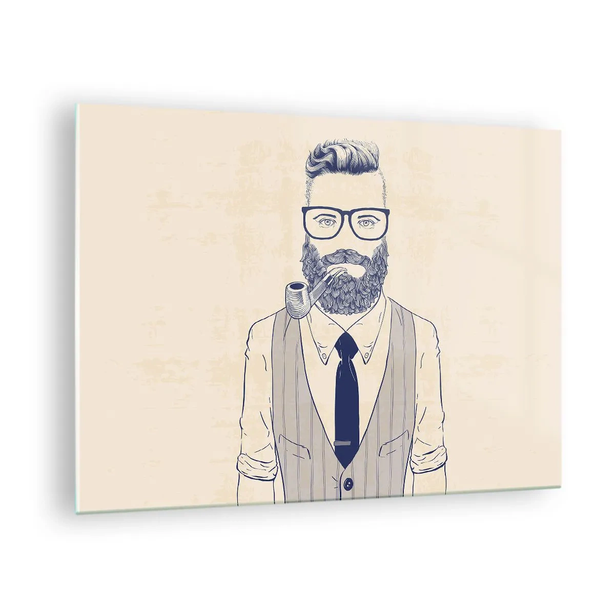 Obraz na skle - Štylizovaný muž s bradou, okuliarmi a fajkou na svetlom pozadí. - 70x50cm - Veselý, mužský a módny - Moderná nástenná dekorácia do obývacej izby a spálne ARTTOR