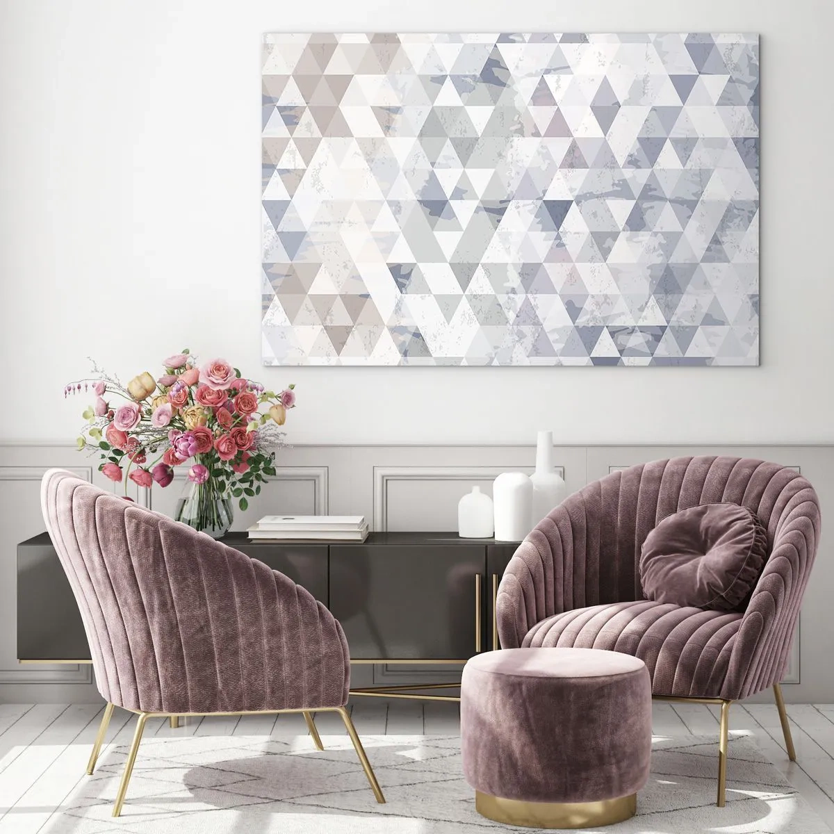 Obraz na skle - Geometrický trojuholníkový vzor v neutrálnych odtieňoch sivej a béžovej - 70x50cm - V rytme na tri - Moderná nástenná dekorácia do obývacej izby a spálne ARTTOR