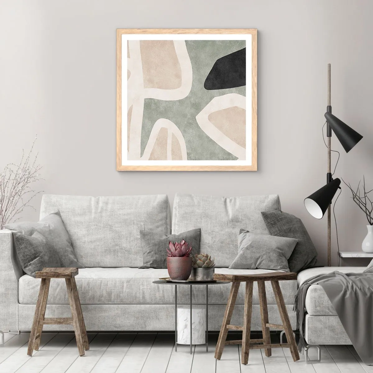 Plagát v ráme zo svetlého duba - Kompozícia s čiernym motívom - 60x60 cm
