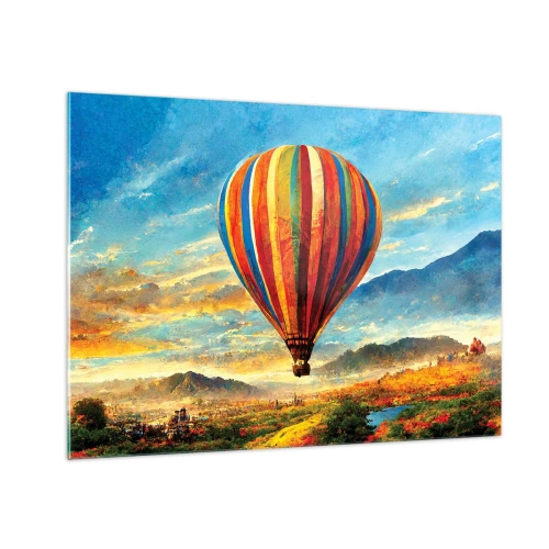 Obraz na skle - Farebný balón vznášajúci sa nad horskou krajinou - 70x50cm - V tichu je toho vidieť viac - Moderná nástenná dekorácia do obývacej izby a spálne ARTTOR