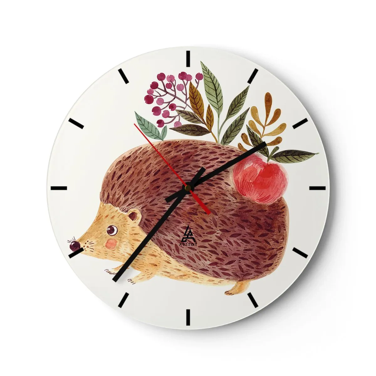 Nástenné hodiny - Ježko s jablkom a vetvičkami na svetlom pozadí - 30x30cm - A už ma máš rád - Moderná nástenná dekorácia do obývacej izby, kuchyne a spálne ARTTOR