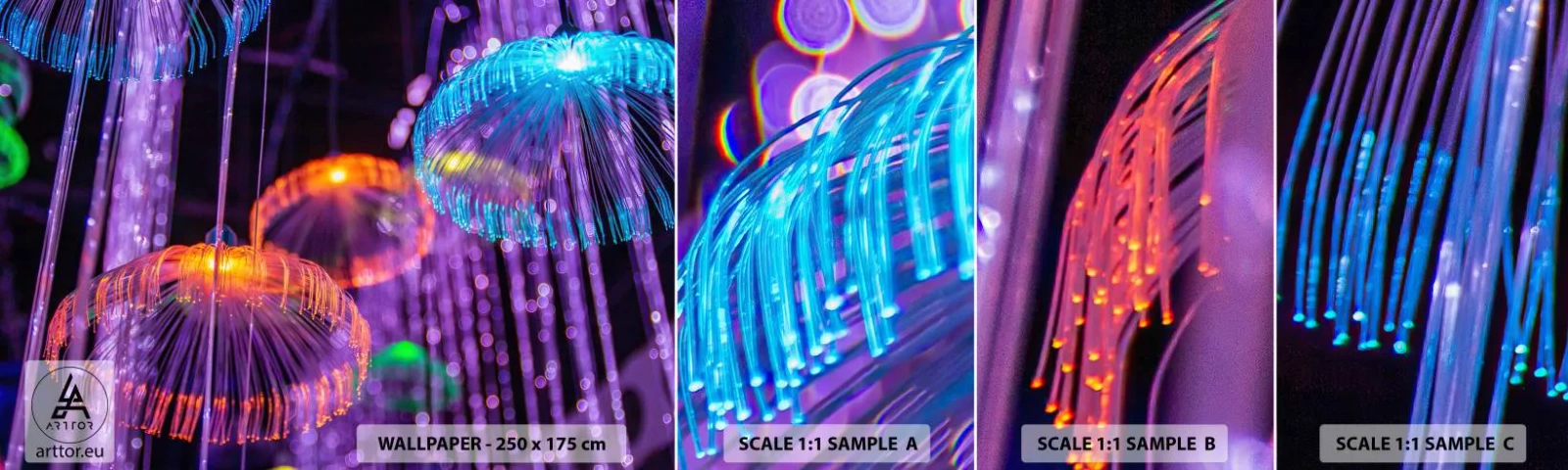 Vzorka samolepiacej fototapety Deluxe Sticker - Svetelná fontána - Neon, Svetlá, Svetelnosť - 100x30 cm