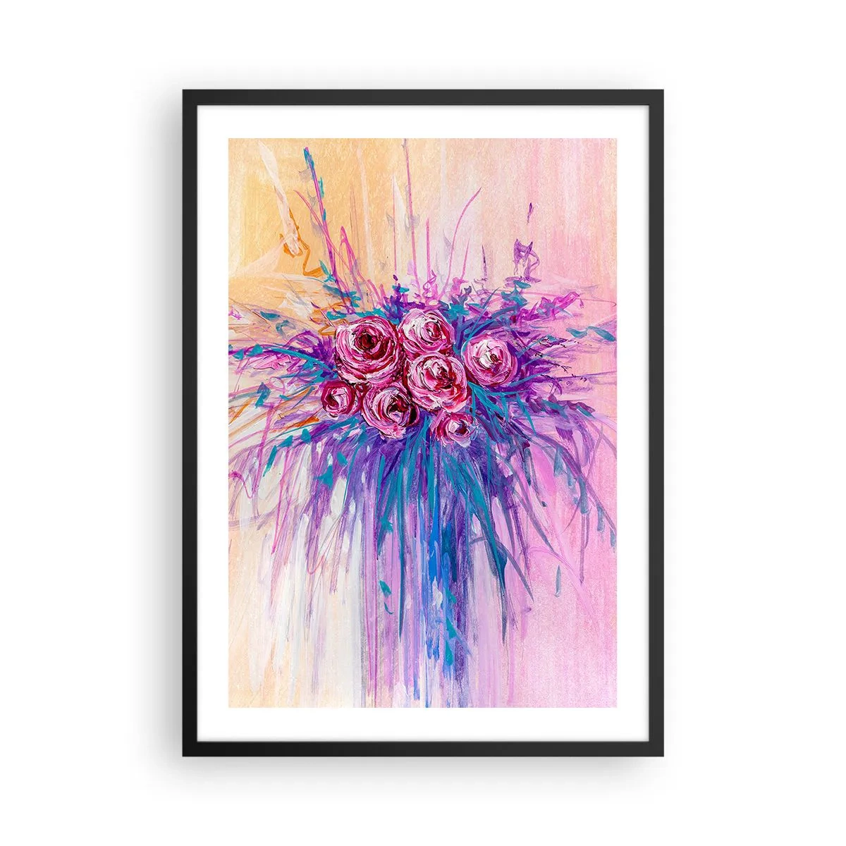 Plagát v čiernom ráme - Farebné ruže na pozadí v odtieňoch ružovej - 50x70cm - Ružová fontána - Moderná nástenná dekorácia do obývacej izby a spálne ARTTOR