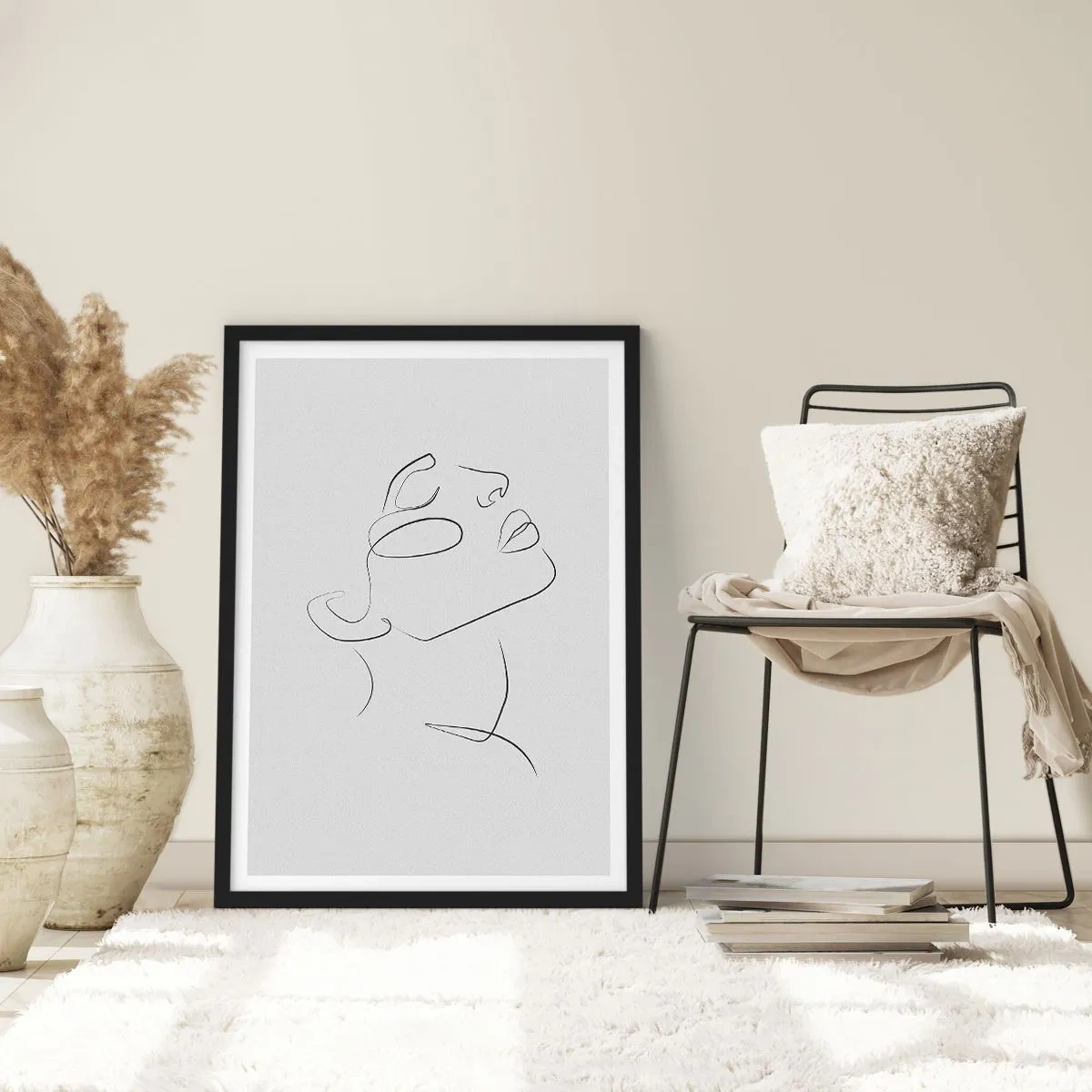 Plagát v čiernom ráme - Minimalistický portrét ženy v štýle linkovej grafiky - 50x70cm - Meandre sna - Moderná nástenná dekorácia do obývacej izby a spálne ARTTOR