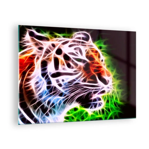 Obraz na skle - Tiger v neónových, žiarivých farbách - 70x50cm - Nebezpečná aura - Moderná nástenná dekorácia do obývacej izby a spálne ARTTOR