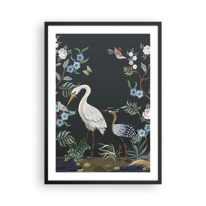 Plagát v čiernom ráme - Ilustrácia vtákov medzi kvetmi na tmavom pozadí - 50x70cm - Vtáčí sprievod - Moderná nástenná dekorácia do obývacej izby a spálne ARTTOR