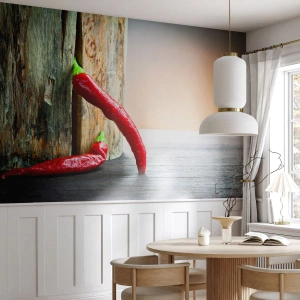Fototapeta Standard Eco - Červené chilli papričky na drevenom pozadí - 100x70cm - Red hot chili peppers - Moderná nástenná dekorácia do obývacej izby a spálne ARTTOR
