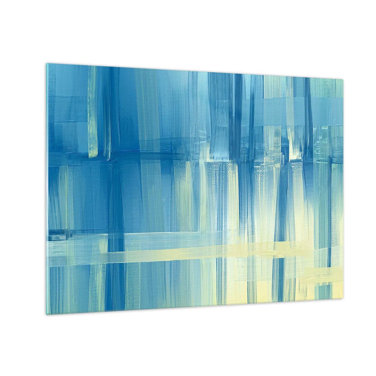 Obraz na skle - Abstraktné ťahy štetcom v tyrkysovej a žltej farbe - 70x50cm - Kompozícia v tyrkyse - Moderná nástenná dekorácia do obývacej izby a spálne ARTTOR