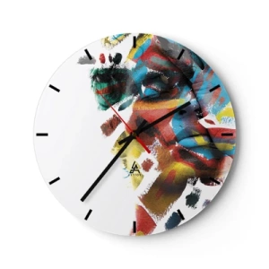 Nástenné hodiny - Farebná abstrakcia tváre s intenzívnymi ťahmi farby - 30x30cm - Pestrá osobnosť - Moderná nástenná dekorácia do obývacej izby, kuchyne a spálne ARTTOR