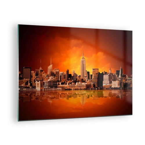 Obraz na skle - Panoráma mesta pri západe slnka - 70x50cm - Panoráma veľkomesta v žltej a hnedej - Moderná nástenná dekorácia do obývacej izby a spálne ARTTOR