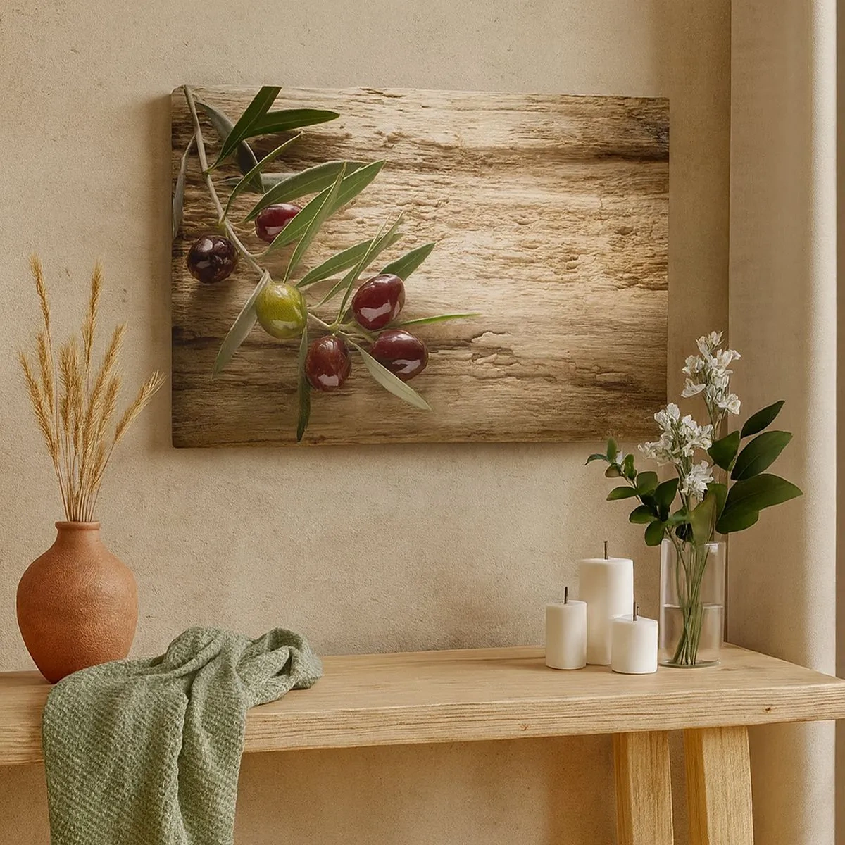 Obraz na plátne - Olivová ratolesť s ovocím na pozadí starého dreva - 70x50cm - Priamo od prírody - Moderná nástenná dekorácia do obývacej izby a spálne ARTTOR