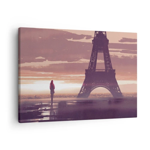 Obraz na plátne - Postava pozerajúca sa na Eiffelovu vežu vo svetle zapadajúceho slnka - 70x50cm - Iba tie dve - Moderná nástenná dekorácia do obývacej izby a spálne ARTTOR