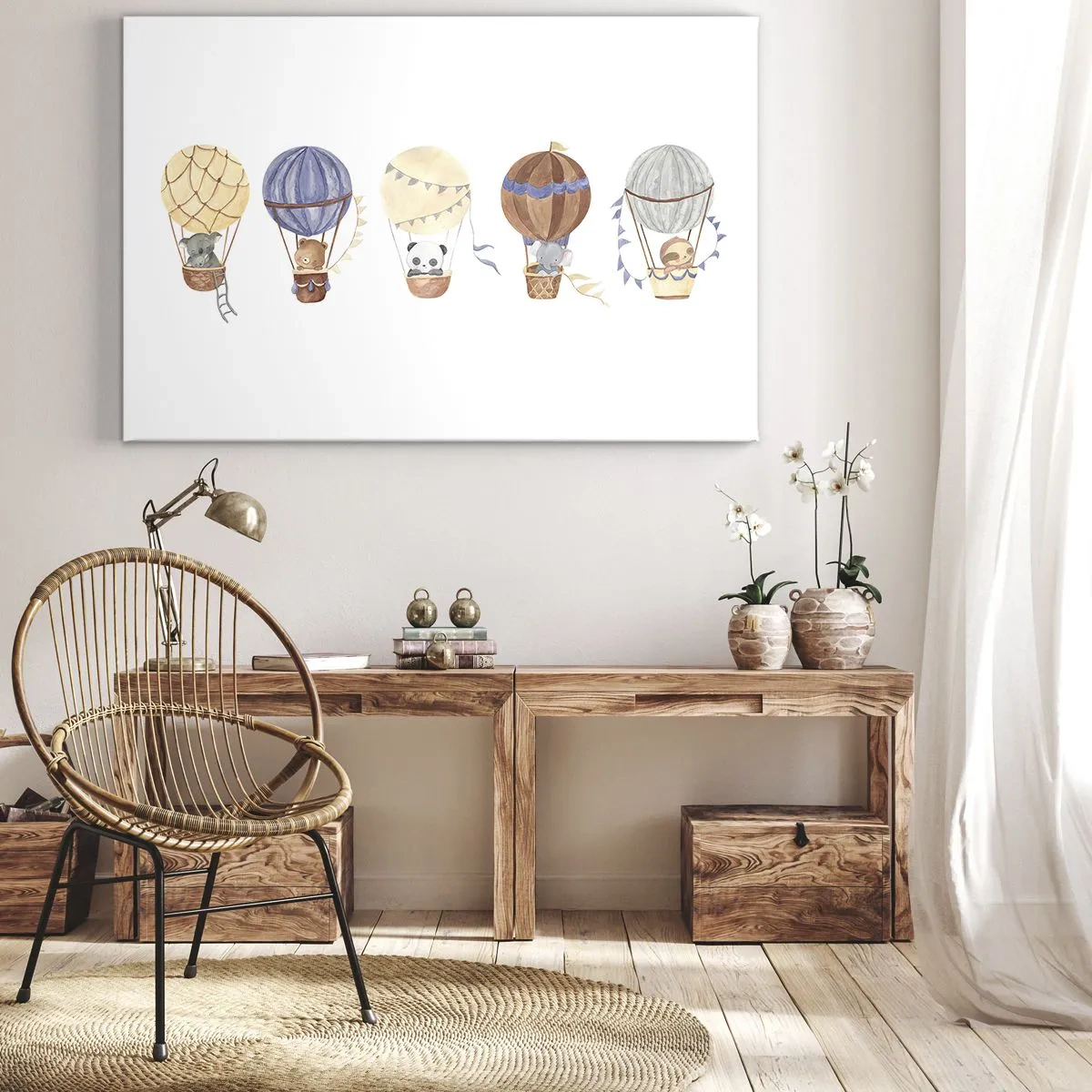 Obraz na plátne - Roztomilé zvieratká v balónoch na bielom pozadí - 70x50cm - Priatelia na cestách - Moderná nástenná dekorácia do obývacej izby a spálne ARTTOR
