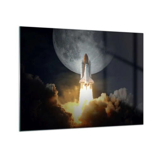 Obraz na skle - Štart vesmírnej rakety na pozadí mesiaca a nočnej oblohy. - 70x50cm - Začiatok nadprirodzeného dobrodružstva - Moderná nástenná dekorácia do obývacej izby a spálne ARTTOR
