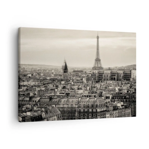 Obraz na plátne - Panoráma Paríža s Eiffelovou vežou v sépiových tónoch - 70x50cm - Nad strechami Paríža - Moderná nástenná dekorácia do obývacej izby a spálne ARTTOR