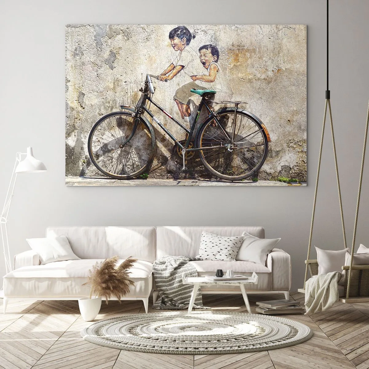 Obraz na skle - Nástenná maľba s bicyklom a postavami detí na pozadí steny. - 70x50cm - Pravda alebo klam? - Moderná nástenná dekorácia do obývacej izby a spálne ARTTOR