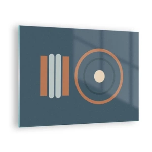 Obraz na skle - Abstraktné geometrické tvary v tlmených farbách s kruhmi a čiarami - 70x50cm - Podstata vecí - Moderná nástenná dekorácia do obývacej izby a spálne ARTTOR