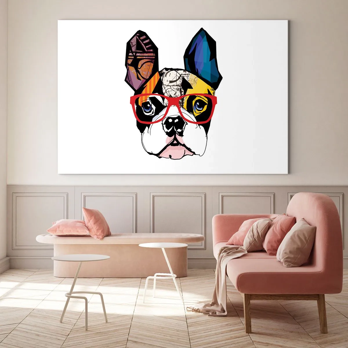 Obraz na skle - Bulldog s farebnými okuliarmi na bielom pozadí - 70x50cm - Intelektuál - Moderná nástenná dekorácia do obývacej izby a spálne ARTTOR