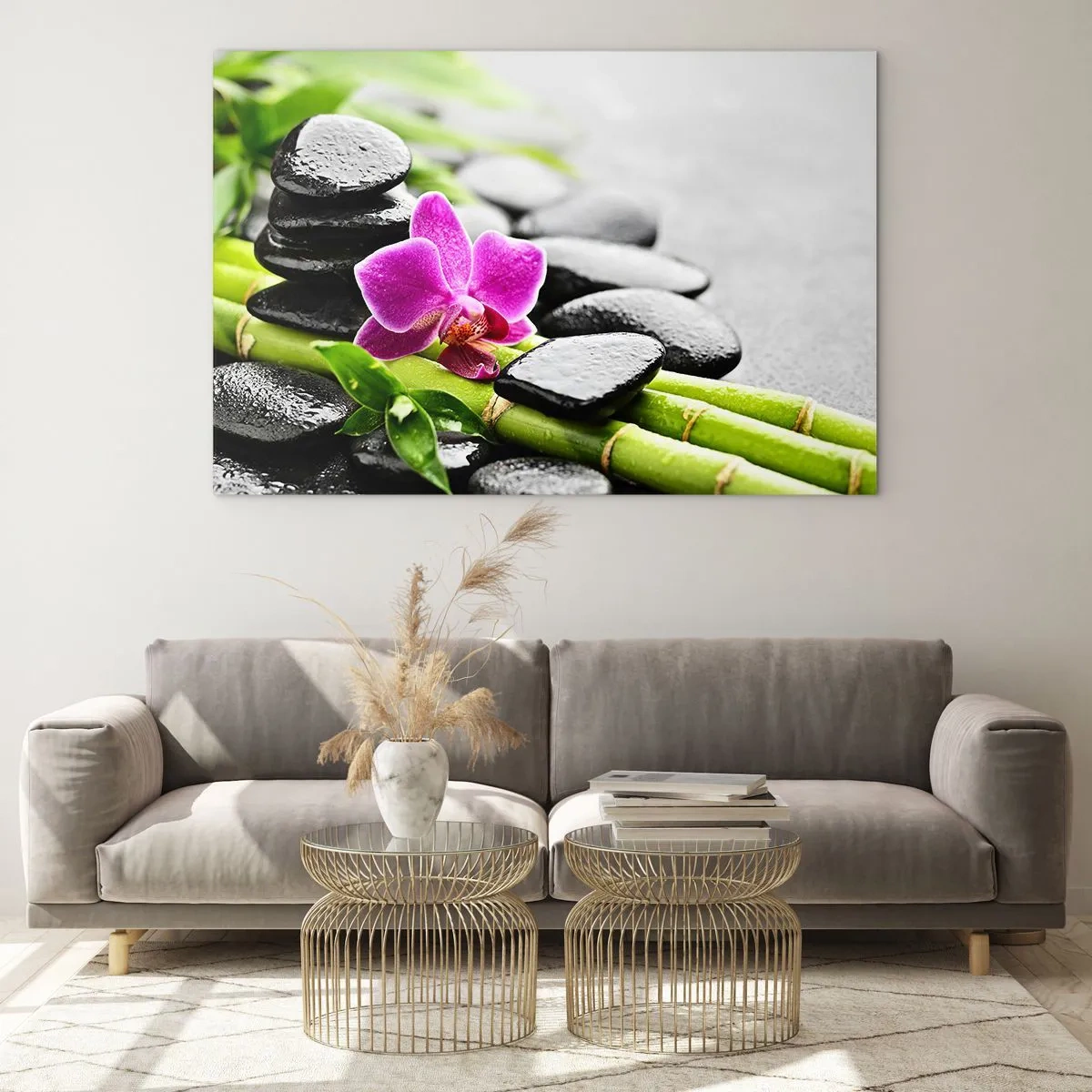 Obraz na skle - Orchidea, čierne kamene a bambus v pokojnom aranžmáne - 70x50cm - V pokojnej rovnováhe - Moderná nástenná dekorácia do obývacej izby a spálne ARTTOR