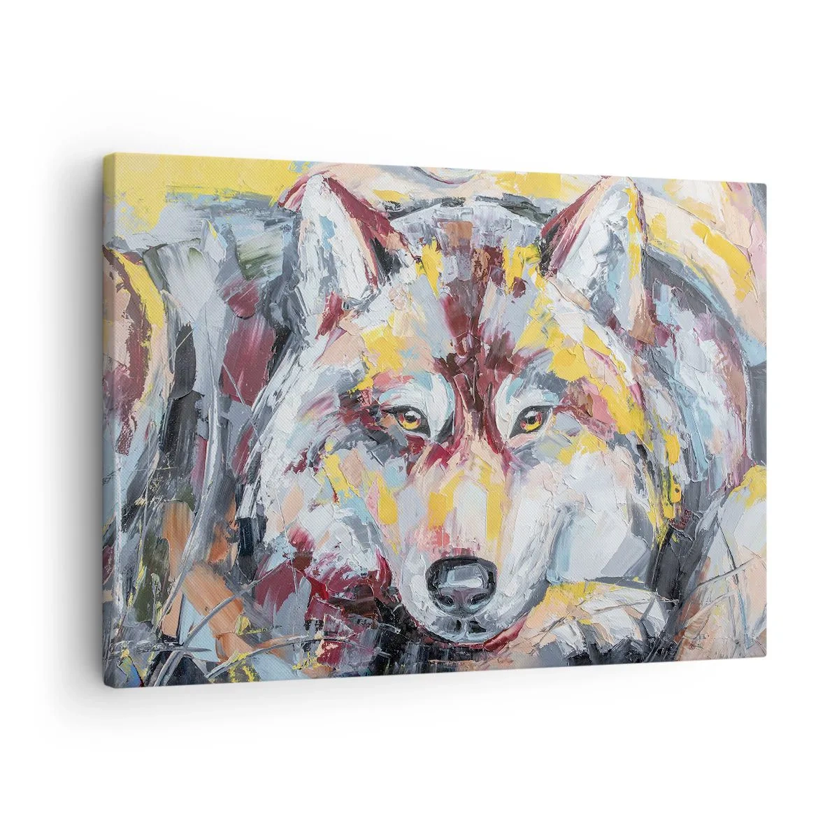 Obraz na plátne - Umelecký portrét vlka v intenzívnych farbách - 70x50cm - Pokoj medzi blízkymi - Moderná nástenná dekorácia do obývacej izby a spálne ARTTOR