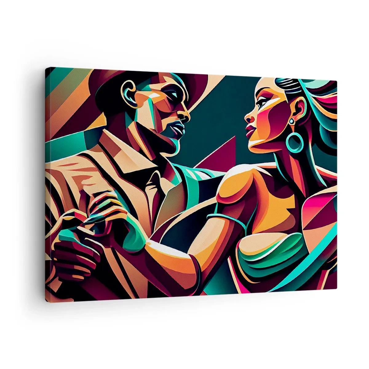 Obraz na plátne - Štylizovaný pár tancujúci v žiarivých geometrických farbách. - 70x50cm - V rytme srdca - Moderná nástenná dekorácia do obývacej izby a spálne ARTTOR