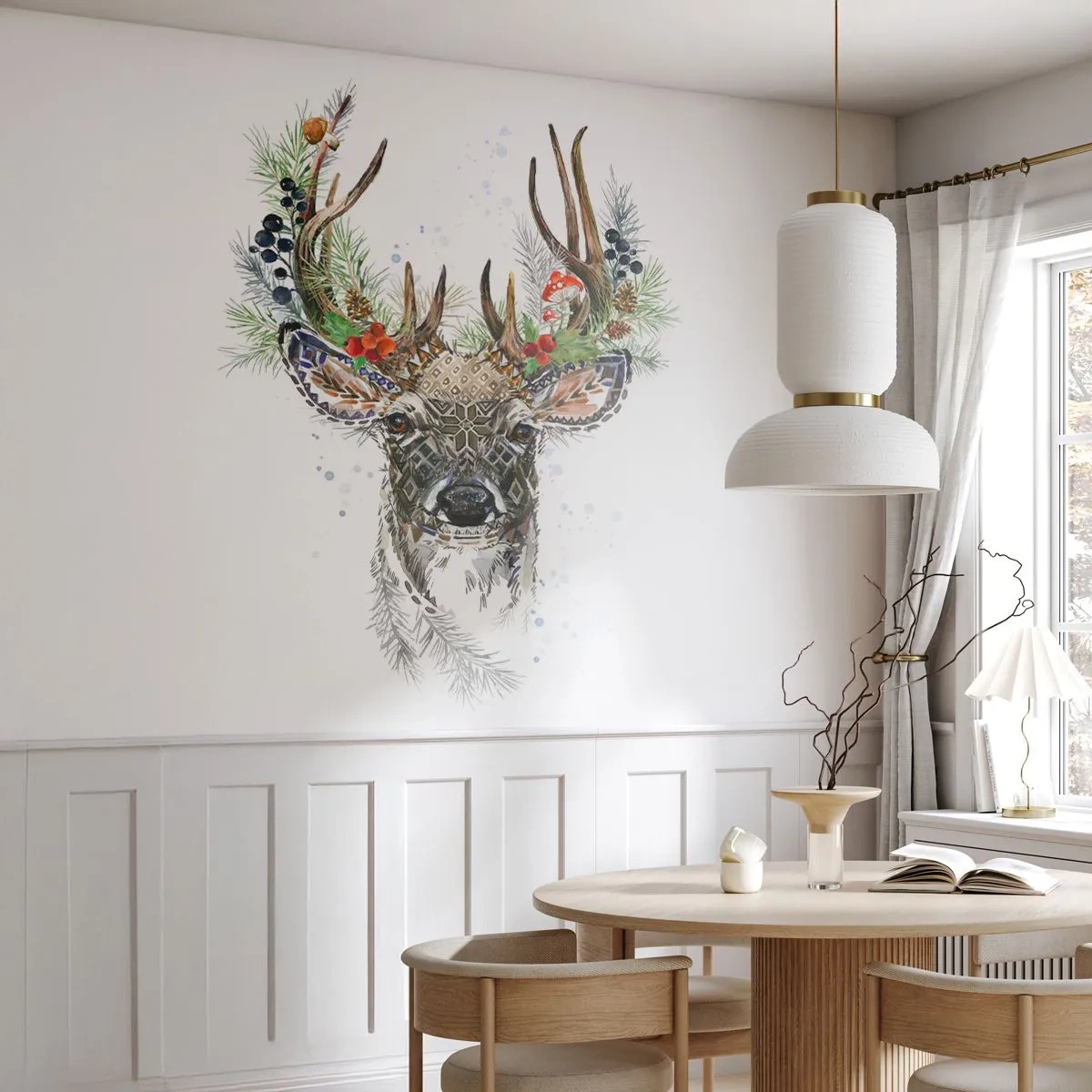 Fototapeta Standard Eco - Umelecký jeleň so zdobenými parohmi na bielom pozadí - 100x70cm - V slávnostnom rúchu - Moderná nástenná dekorácia do obývacej izby a spálne ARTTOR