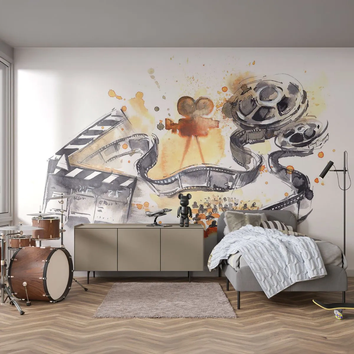 Fototapeta Standard Eco - Filmová ilustrácia s kamerou, páskou a režisérskou klapkou - 100x70cm - V krajine snov - Moderná nástenná dekorácia do obývacej izby a spálne ARTTOR