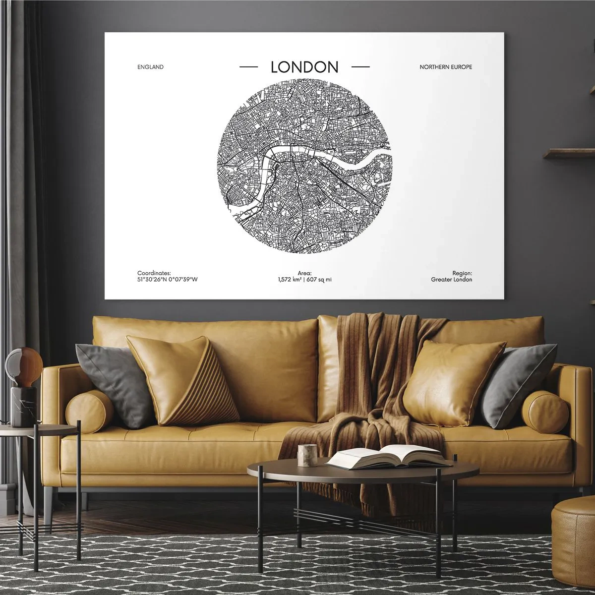 Obraz na skle - Podrobná mapa Londýna v grafickom čiernobielom štýle. - 70x50cm - Anatómia Londýna - Moderná nástenná dekorácia do obývacej izby a spálne ARTTOR