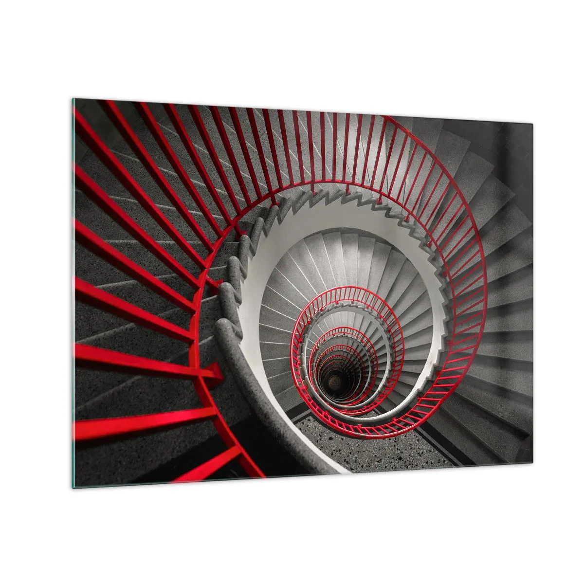 Obraz na skle - Točité schodisko s červenými zábradlím v perspektíve - 70x50cm - Architektonické hry - Moderná nástenná dekorácia do obývacej izby a spálne ARTTOR