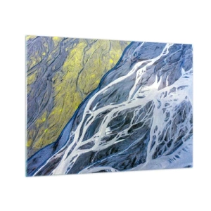 Obraz na skle - Pohľad z vtáčej perspektívy na zemský povrch s kľukatými potokmi - 70x50cm - Jaskynné maľby prírody - Moderná nástenná dekorácia do obývacej izby a spálne ARTTOR