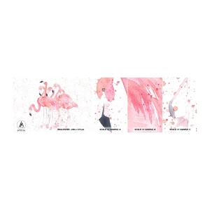Vzorka Fototapeta Standard Eco - Ružový ansámbl - Plameniaky, Vtáky, Grafika - 100x30 cm