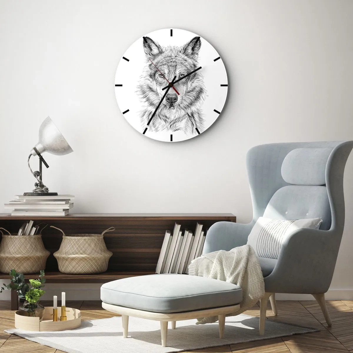 Nástenné hodiny - Čiernobiela skica vlčej hlavy na bielom pozadí - 30x30cm - Rodený vodca - Moderná nástenná dekorácia do obývacej izby, kuchyne a spálne ARTTOR