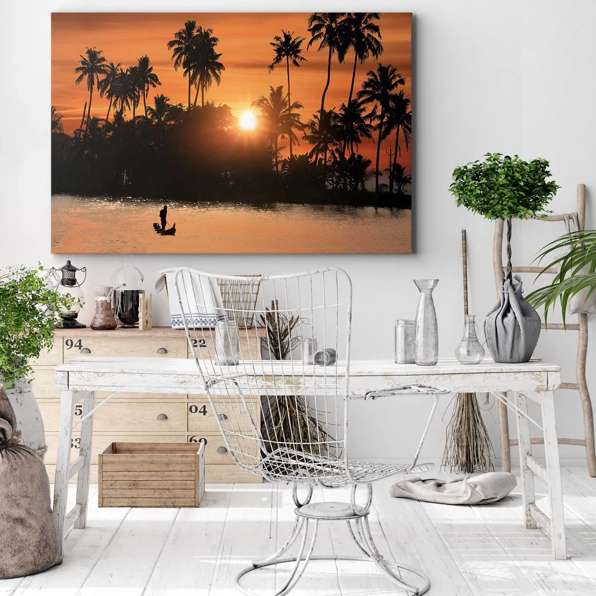 Obraz na plátne - Západ slnka nad palmami a pokojným jazerom s loďkou - 70x50cm - Čas na odpočinok - Moderná nástenná dekorácia do obývacej izby a spálne ARTTOR