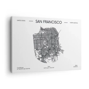 Obraz na plátne - Mapa San Francisca v čiernobielom minimalistickom štýle. - 70x50cm - Anatómia San Francisca - Moderná nástenná dekorácia do obývacej izby a spálne ARTTOR