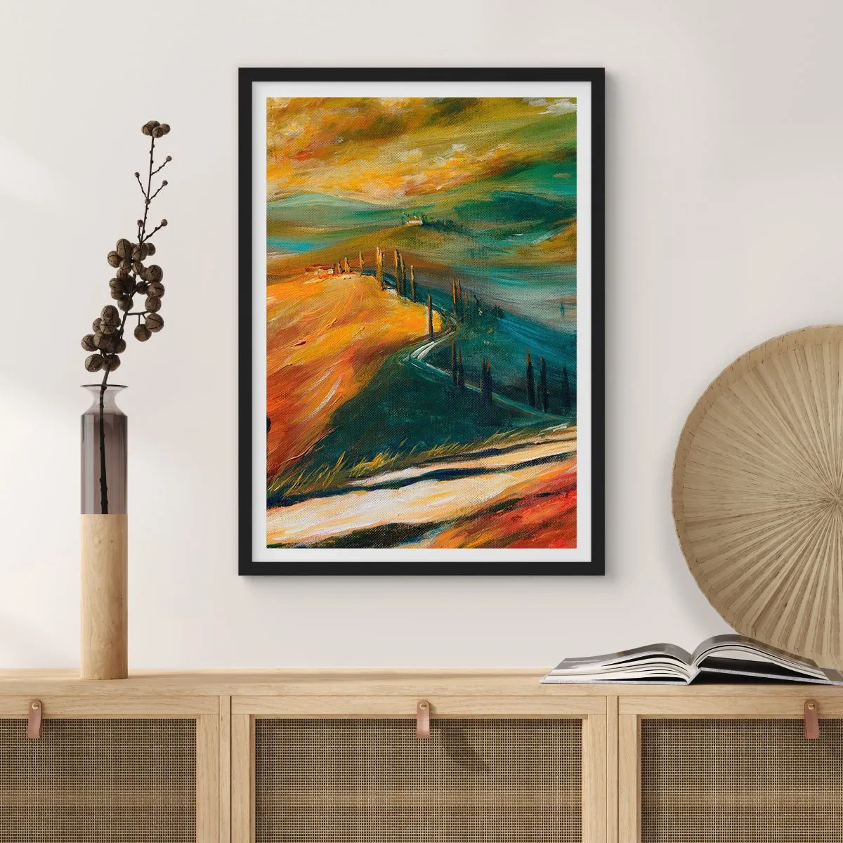Plagát v čiernom ráme - Krajina v intenzívnych farbách, cesta cez kopce - 50x70cm - Toskánska krajina - Moderná nástenná dekorácia do obývacej izby a spálne ARTTOR