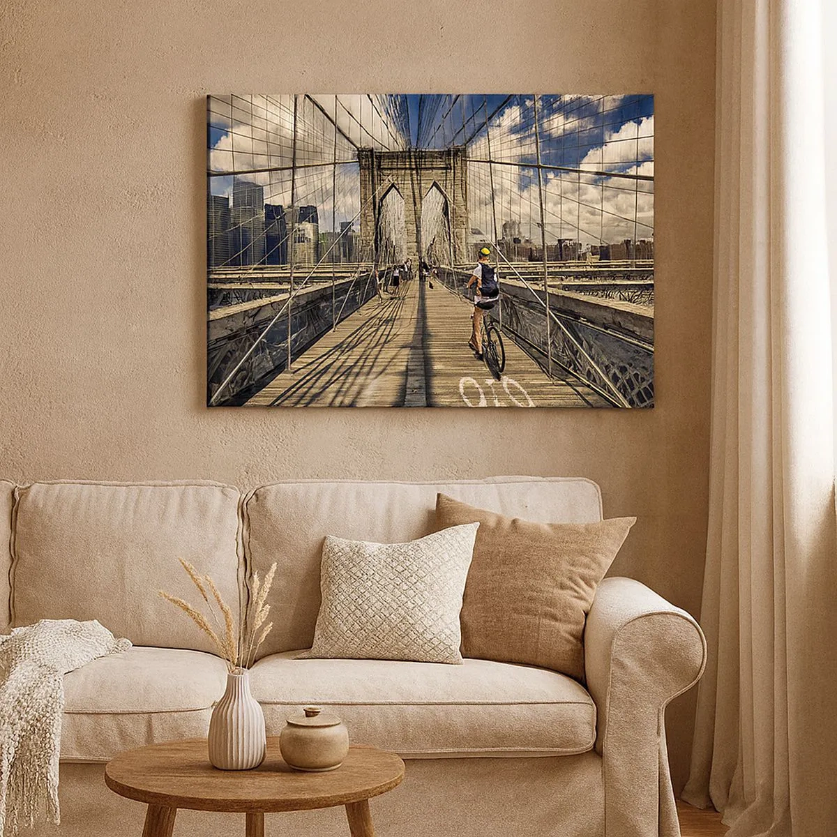 Obraz na plátne - Brooklynský most s výhľadom na chodcov a cyklistov - 70x50cm - Priamo do srdca mesta - Moderná nástenná dekorácia do obývacej izby a spálne ARTTOR