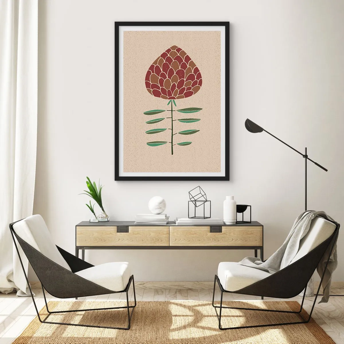 Plagát v čiernom ráme - Abstraktný kvet v teplých farbách na béžovom pozadí - 50x70cm - Šéf šéfov - Moderná nástenná dekorácia do obývacej izby a spálne ARTTOR