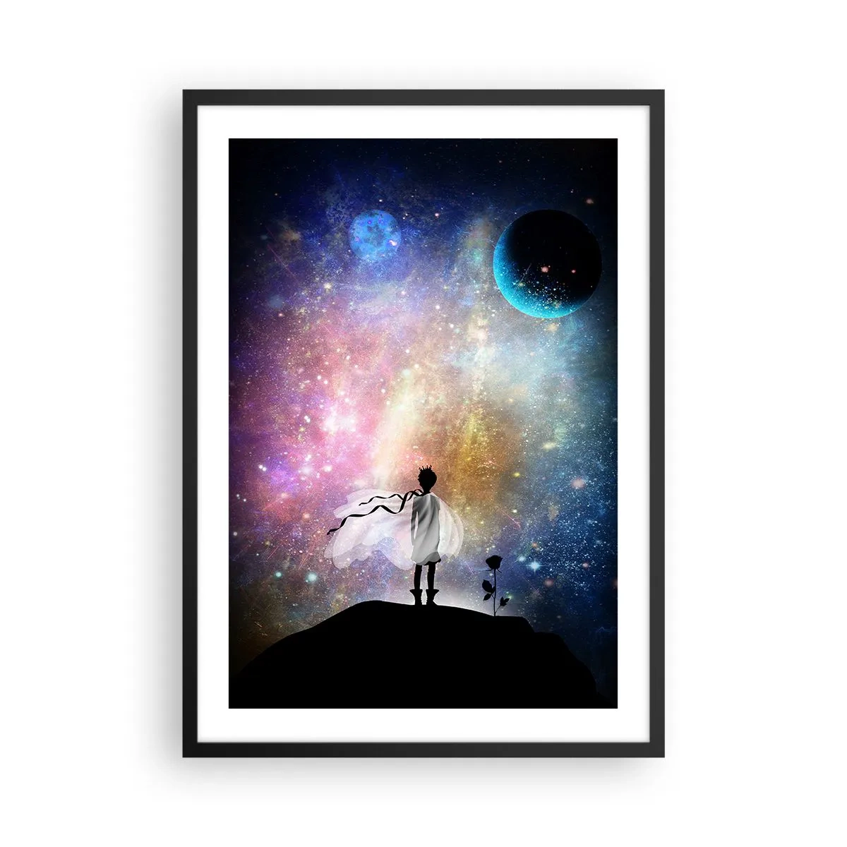 Plagát v čiernom ráme - Fantastická vesmírna scéna so siluetou postavy a ruže - 50x70cm - Malý princ - Moderná nástenná dekorácia do obývacej izby a spálne ARTTOR