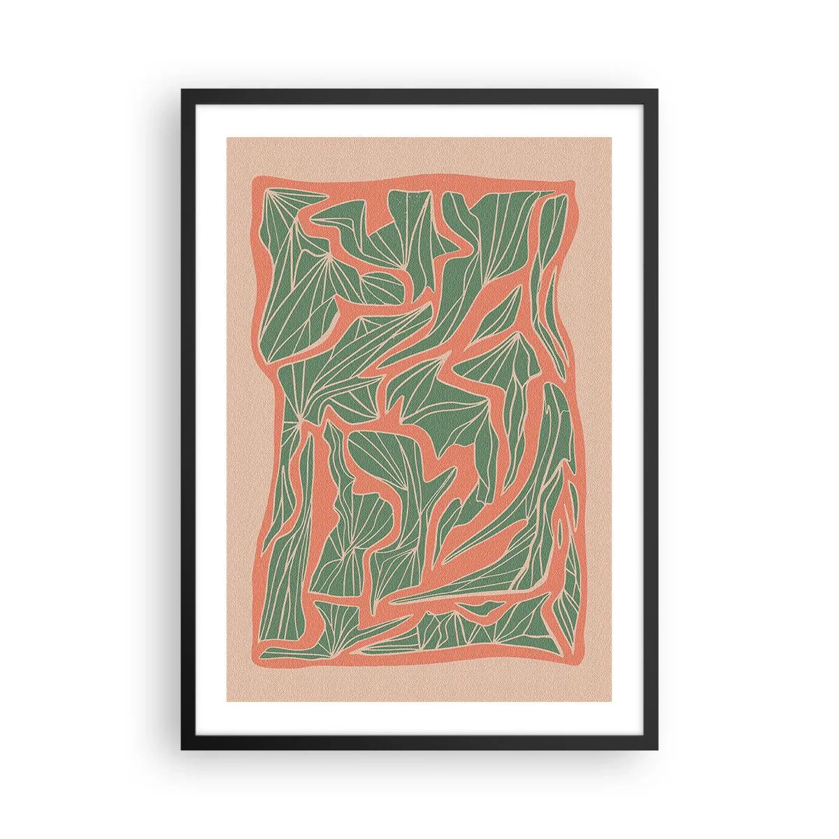 Plagát v čiernom ráme - Abstraktný listový vzor v odtieňoch zelenej a terakoty - 50x70cm - Súboj koralov a zelene - Moderná nástenná dekorácia do obývacej izby a spálne ARTTOR