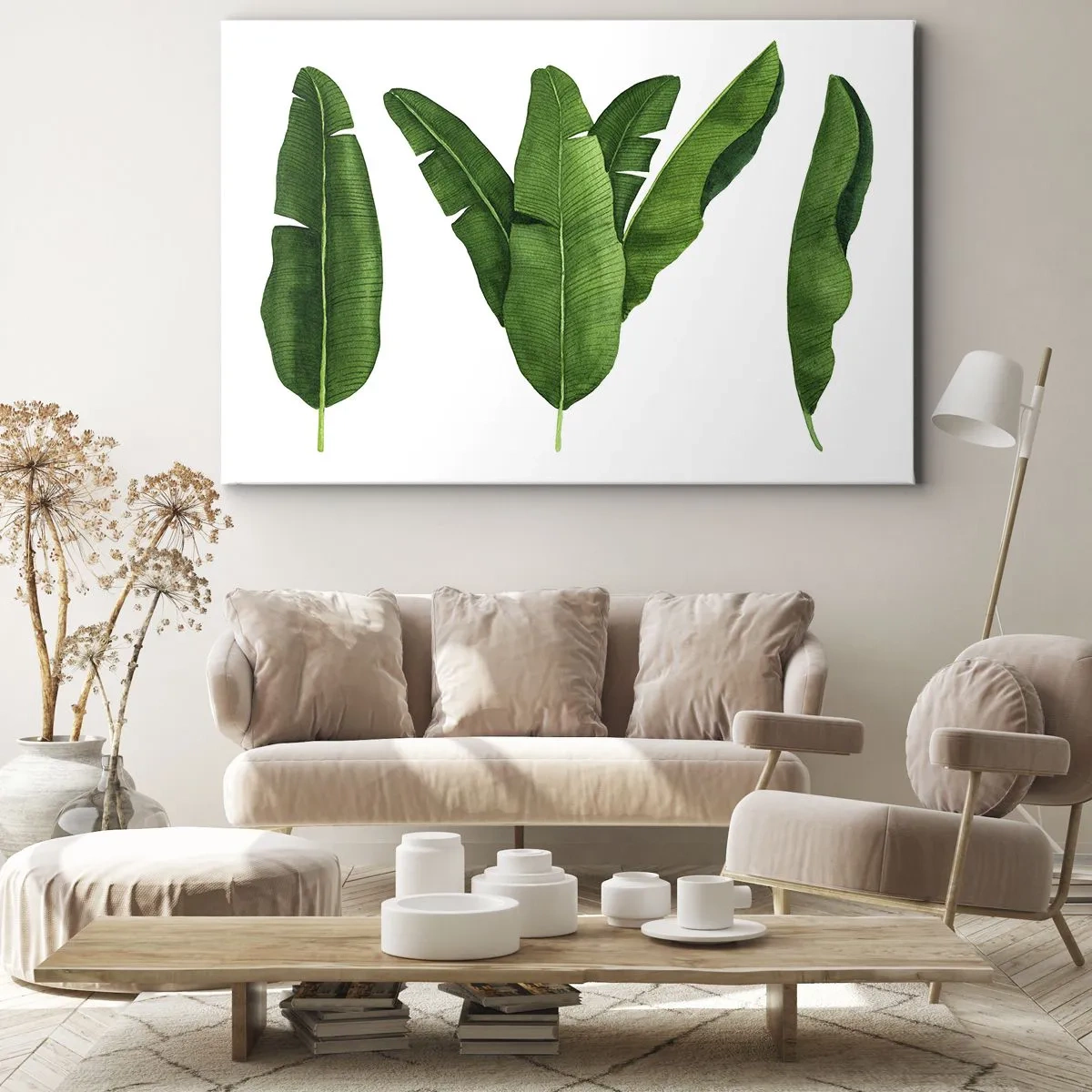 Obraz na plátne - Tri banánové listy v umeleckom prístupe - 70x50cm - Zelená symetria - Moderná nástenná dekorácia do obývacej izby a spálne ARTTOR